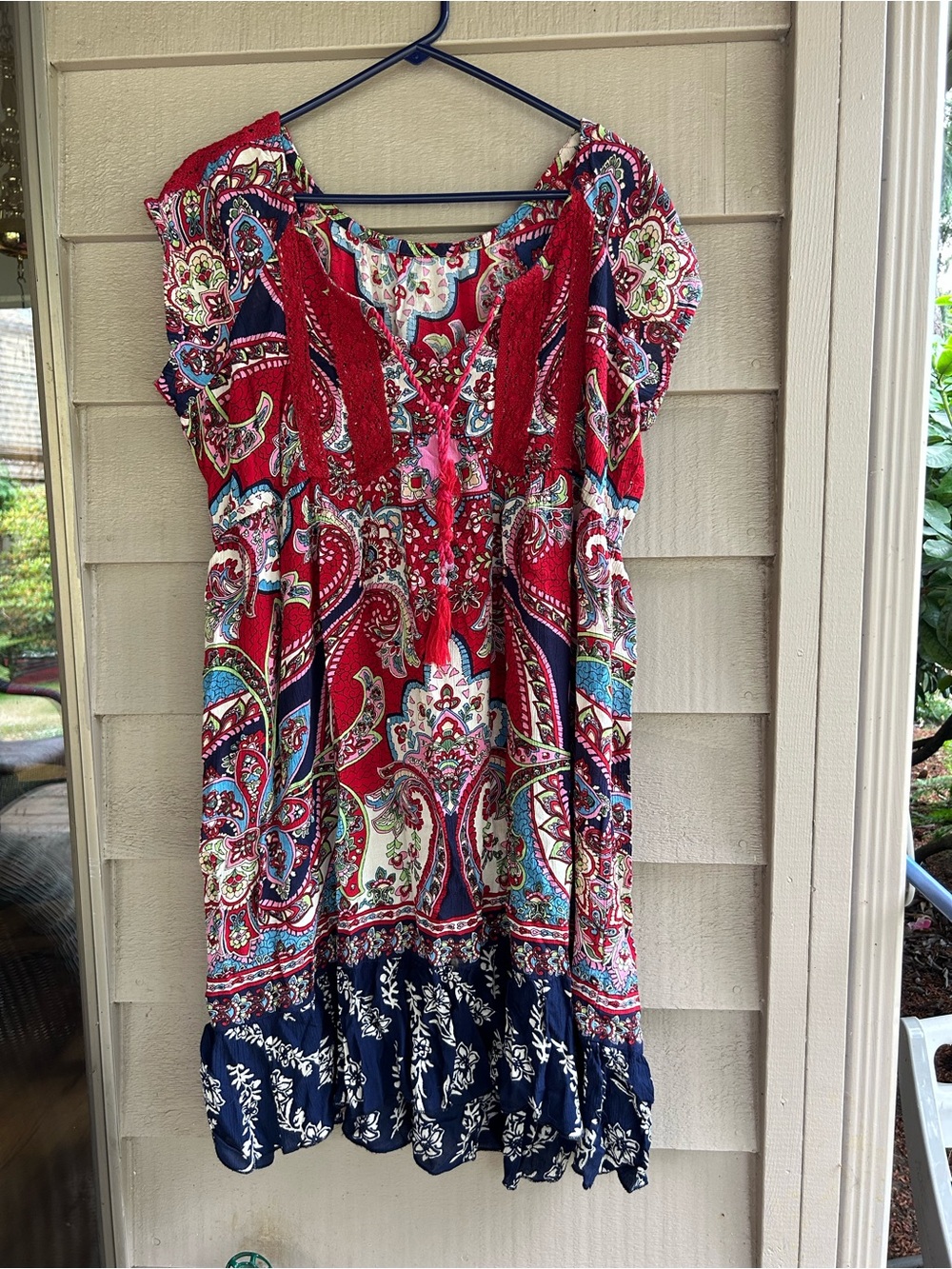 Boho Paisley Short Dress in Red and Navy